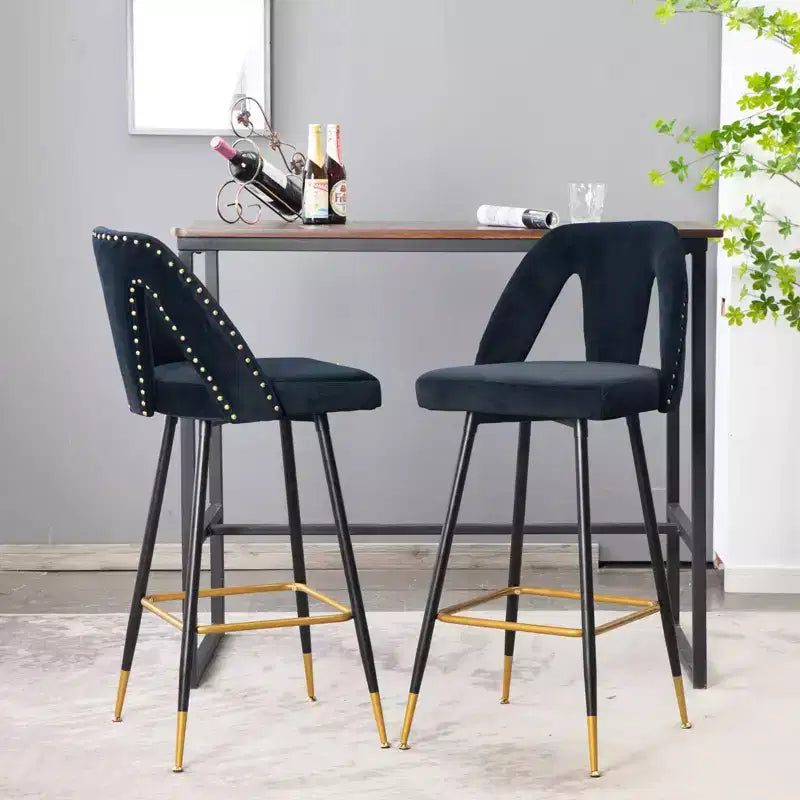 Tabourets de bar en velours avec dossier et repose-pieds, chaises de cuisine rembourrées, tabourets de comptoir à large coussin pour café-bar, 28 noirs