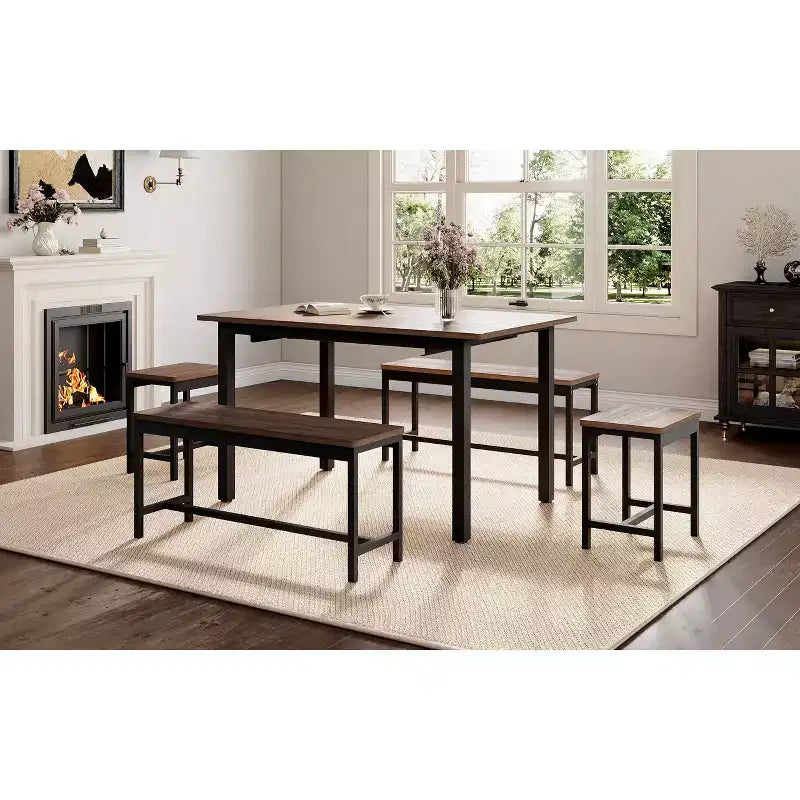 Table à manger extensible avec 2 chaises et 2 bancs, Table de salle à manger de cuisine pour 4 à 6 personnes, Table de petit-déjeuner peu encombrante