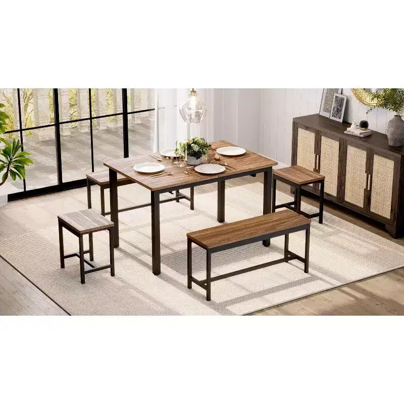 Table à manger extensible avec 2 chaises et 2 bancs, Table de salle à manger de cuisine pour 4 à 6 personnes, Table de petit-déjeuner peu encombrante