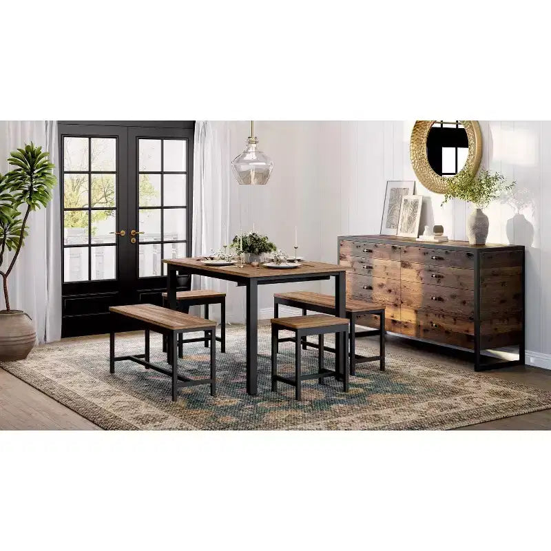 Table à manger extensible avec 2 chaises et 2 bancs, Table de salle à manger de cuisine pour 4 à 6 personnes, Table de petit-déjeuner peu encombrante