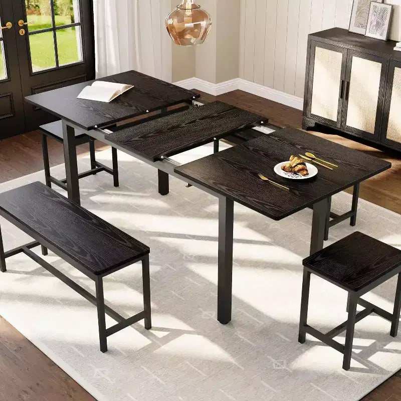 Table à manger extensible avec 2 chaises et 2 bancs, Table de salle à manger de cuisine pour 4 à 6 personnes, Table de petit-déjeuner peu encombrante