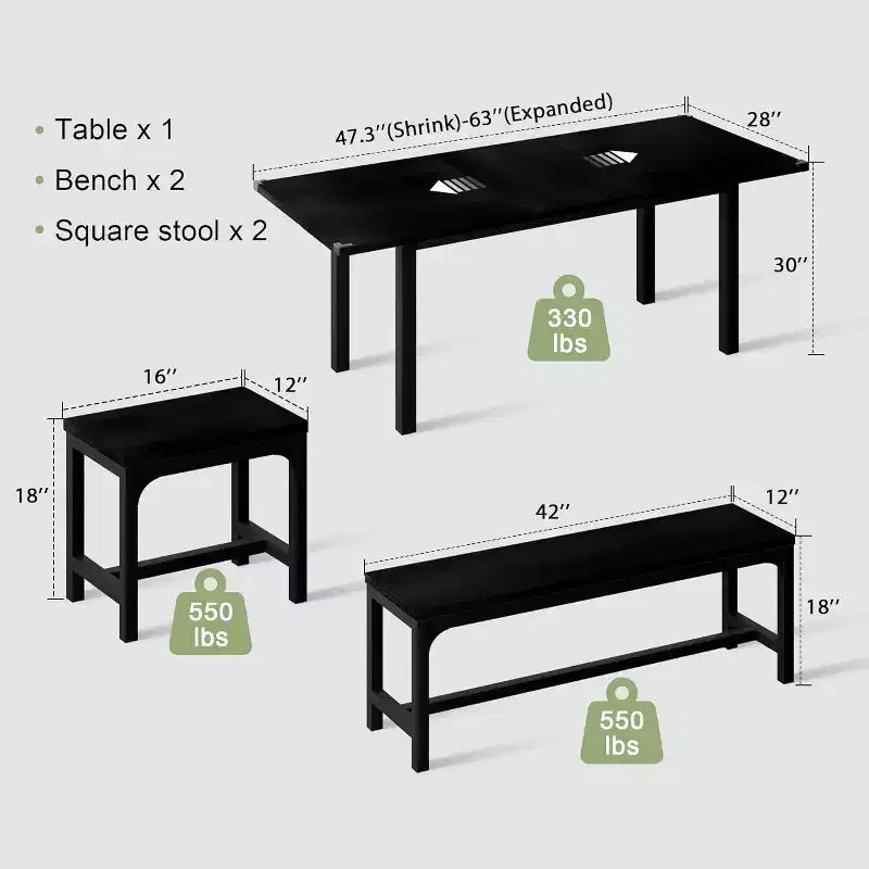 Table à manger extensible avec 2 chaises et 2 bancs, Table de salle à manger de cuisine pour 4 à 6 personnes, Table de petit-déjeuner peu encombrante