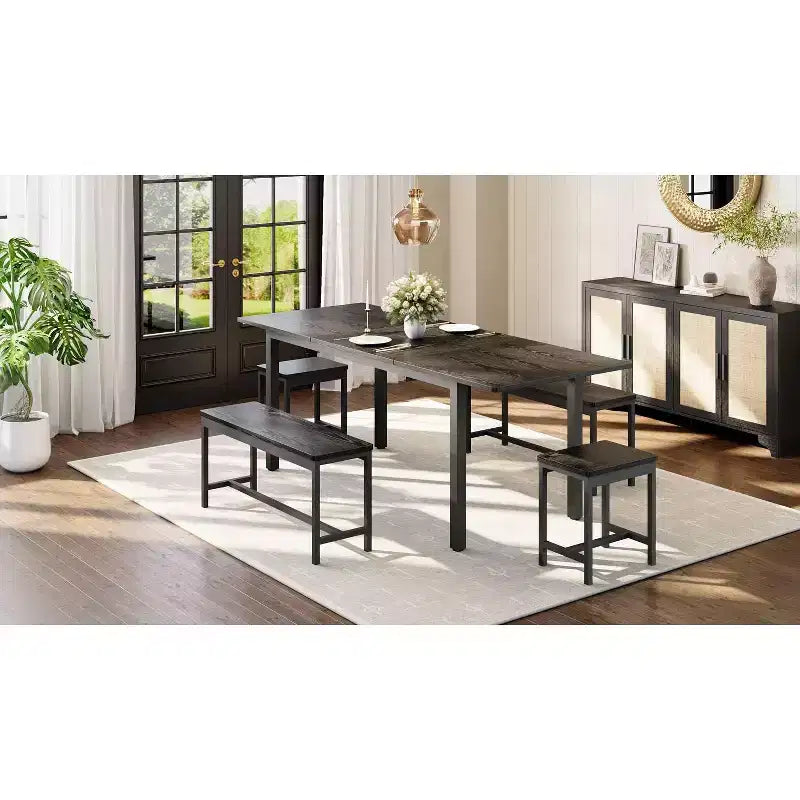 Table à manger extensible avec 2 chaises et 2 bancs, Table de salle à manger de cuisine pour 4 à 6 personnes, Table de petit-déjeuner peu encombrante