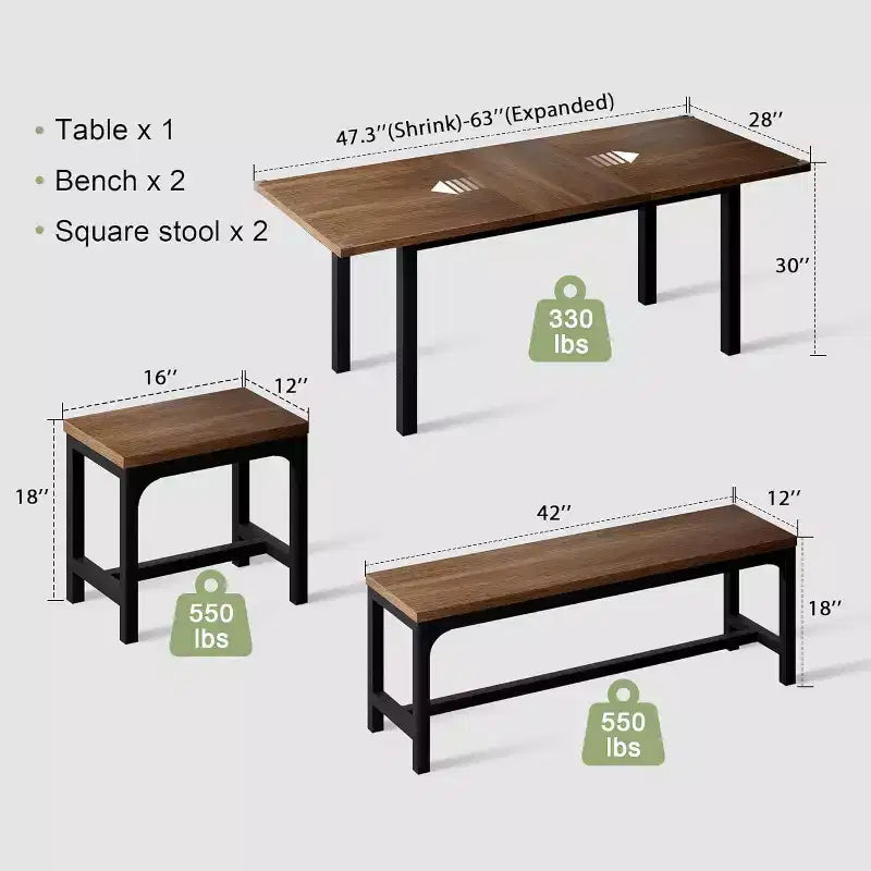 Table à manger extensible avec 2 chaises et 2 bancs, Table de salle à manger de cuisine pour 4 à 6 personnes, Table de petit-déjeuner peu encombrante