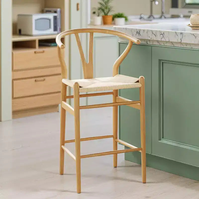 Tabouret de bar en teck tressé en Y, entièrement assemblé – Moderne et robuste pour îlot de cuisine