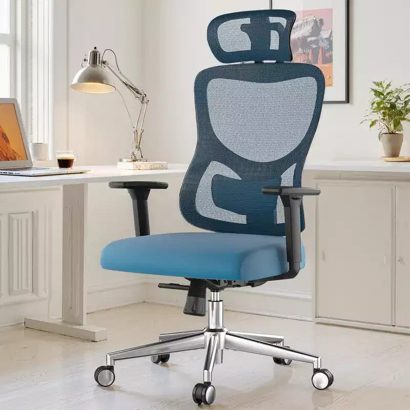 Chaise de bureau ergonomique en maille - Avec appui-tête, support lombaire réglable et accoudoirs 3D (bleue)