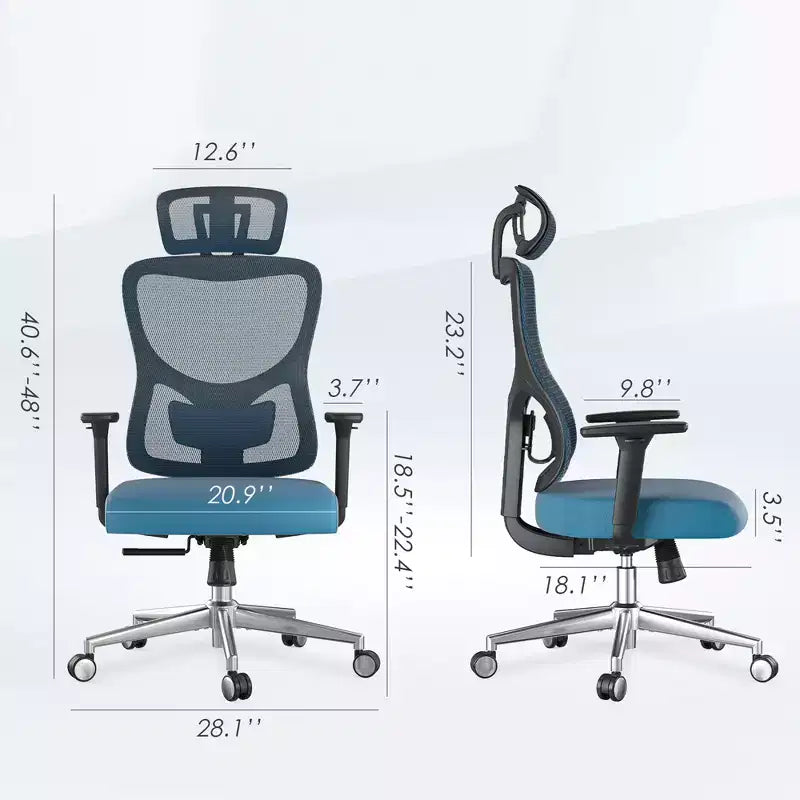 Chaise de bureau ergonomique en maille - Avec appui-tête, support lombaire réglable et accoudoirs 3D (bleue)