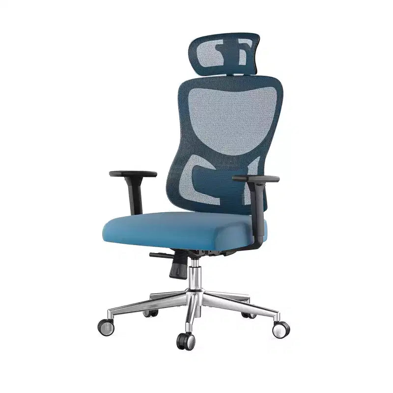 Chaise de bureau ergonomique en maille - Avec appui-tête, support lombaire réglable et accoudoirs 3D (bleue)