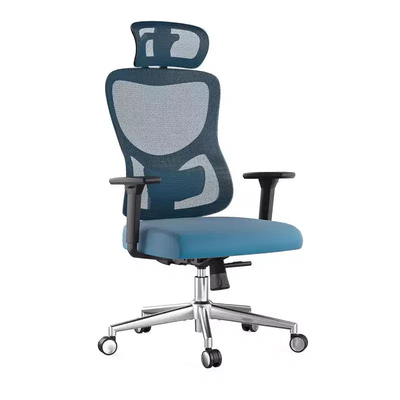 Chaise de bureau ergonomique en maille - Avec appui-tête, support lombaire réglable et accoudoirs 3D (bleue)