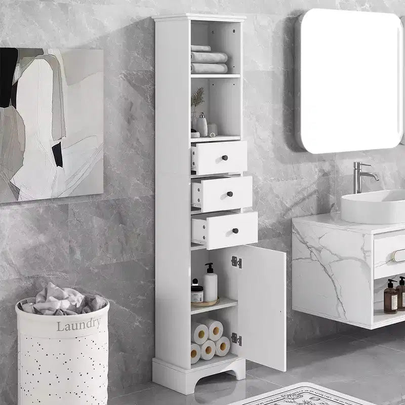 Meuble colonne de salle de bain de 173 cm, Meuble de rangement autoportant, 3 tiroirs et étagères réglables, pour salle de bain, salon