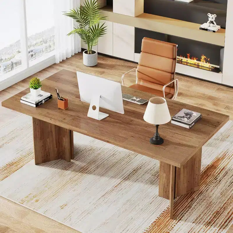 Grande table de direction rectangulaire en bois vintage, longue table de salle à manger moderne pour salle à manger, coin petit-déjeuner