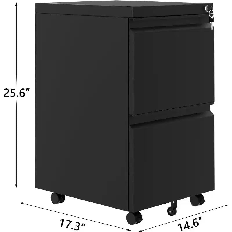 Classeur à 2 tiroirs sur roulettes, Classeurs métalliques roulants sous le bureau avec serrure, Petit rangement de fichiers roulant pour bureau à domicile, Noir