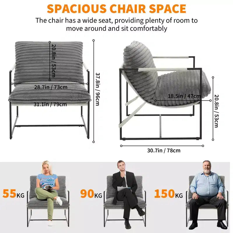Fauteuil d'appoint pour salon, fauteuil moderne à structure métallique, chaises rembourrées avec coussin en mousse déchiquetée
