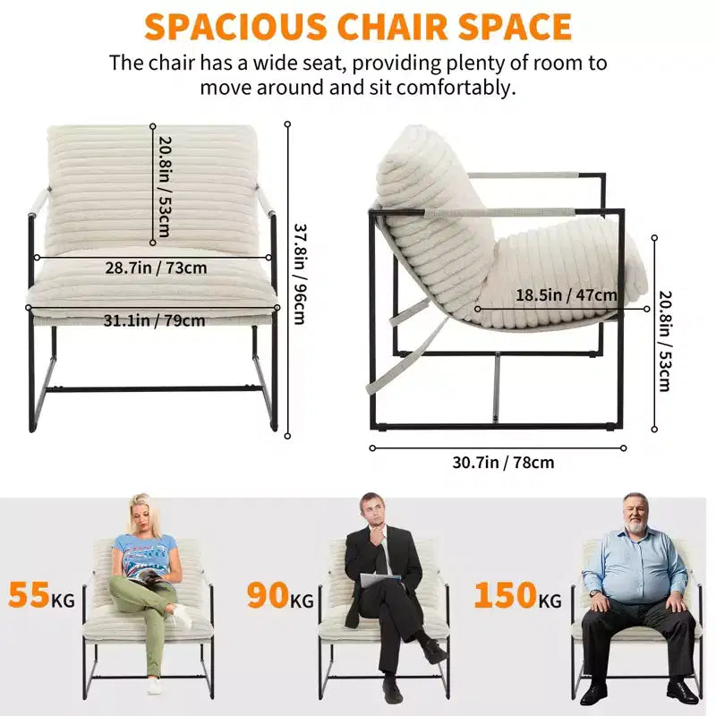 Fauteuil d'appoint pour salon, fauteuil moderne à structure métallique, chaises rembourrées avec coussin en mousse déchiquetée