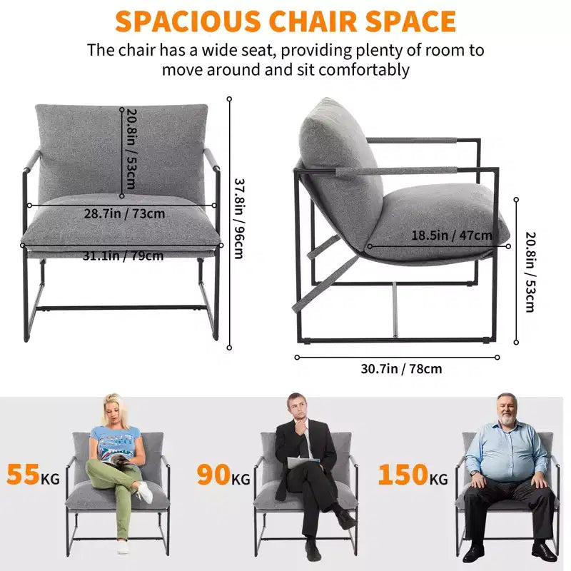 Fauteuil d'appoint pour salon, fauteuil moderne à structure métallique, chaises rembourrées avec coussin en mousse déchiquetée