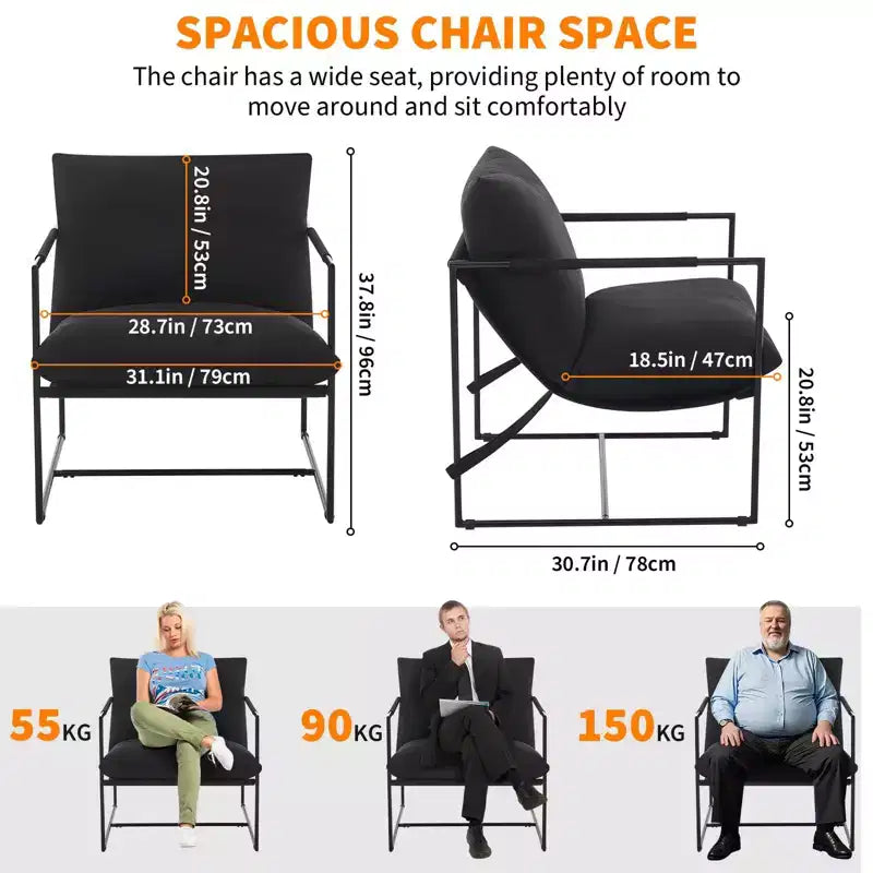 Fauteuil d'appoint pour salon, fauteuil moderne à structure métallique, chaises rembourrées avec coussin en mousse déchiquetée