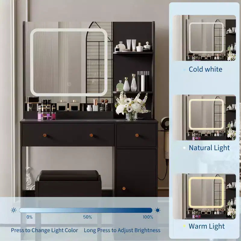 Coiffeuse avec miroir lumineux LED et prise de courant, table de maquillage avec tiroirs de rangement, tabouret, table de chevet noire pour femmes et filles