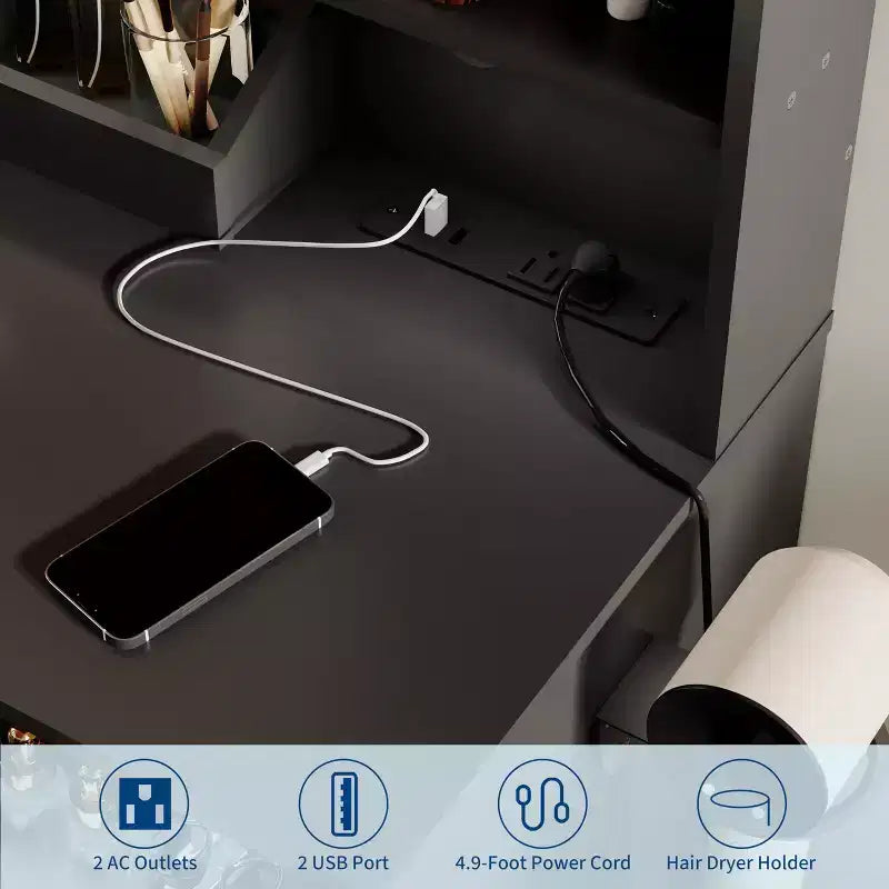 Coiffeuse avec miroir lumineux LED et prise de courant, table de maquillage avec tiroirs de rangement, tabouret, table de chevet noire pour femmes et filles