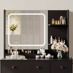 Coiffeuse avec miroir lumineux LED et prise de courant, table de maquillage avec tiroirs de rangement, tabouret, table de chevet noire pour femmes et filles