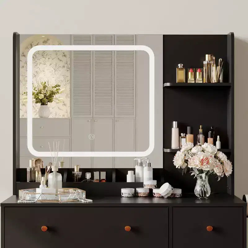 Coiffeuse avec miroir lumineux LED et prise de courant, table de maquillage avec tiroirs de rangement, tabouret, table de chevet noire pour femmes et filles