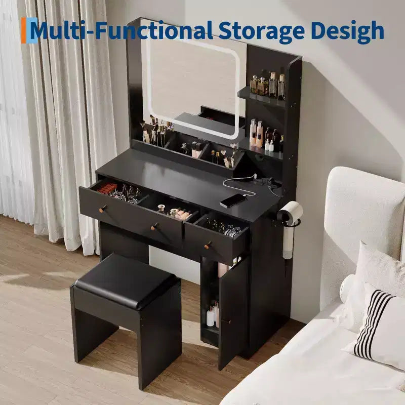 Coiffeuse avec miroir lumineux LED et prise de courant, table de maquillage avec tiroirs de rangement, tabouret, table de chevet noire pour femmes et filles