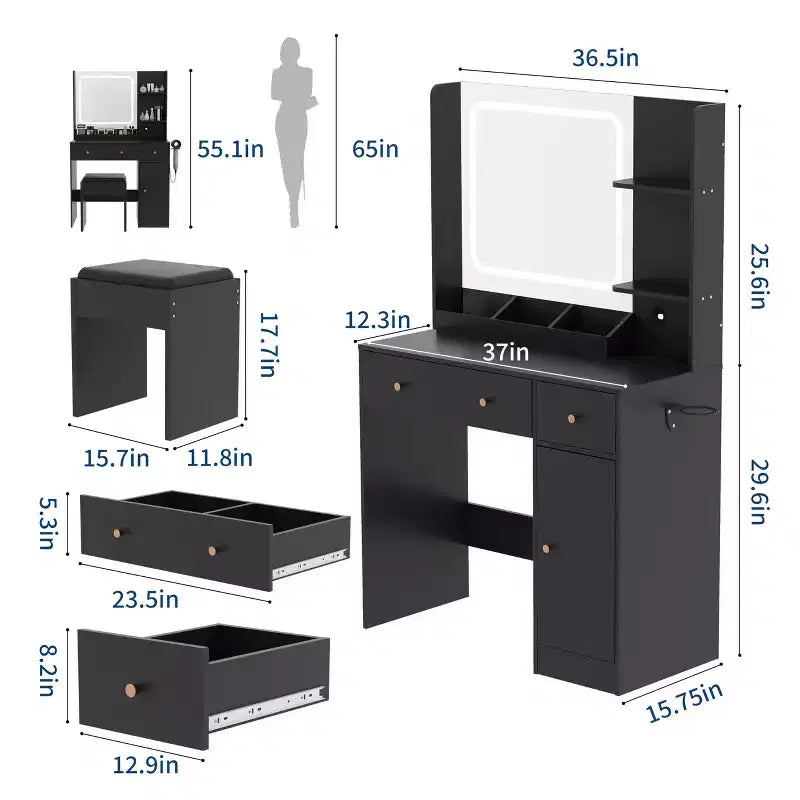 Coiffeuse avec miroir lumineux LED et prise de courant, table de maquillage avec tiroirs de rangement, tabouret, table de chevet noire pour femmes et filles