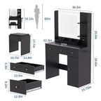Coiffeuse avec miroir lumineux LED et prise de courant, table de maquillage avec tiroirs de rangement, tabouret, table de chevet noire pour femmes et filles