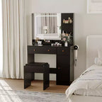 Coiffeuse avec miroir lumineux LED et prise de courant, table de maquillage avec tiroirs de rangement, tabouret, table de chevet noire pour femmes et filles