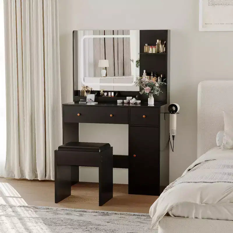 Coiffeuse avec miroir lumineux LED et prise de courant, table de maquillage avec tiroirs de rangement, tabouret, table de chevet noire pour femmes et filles