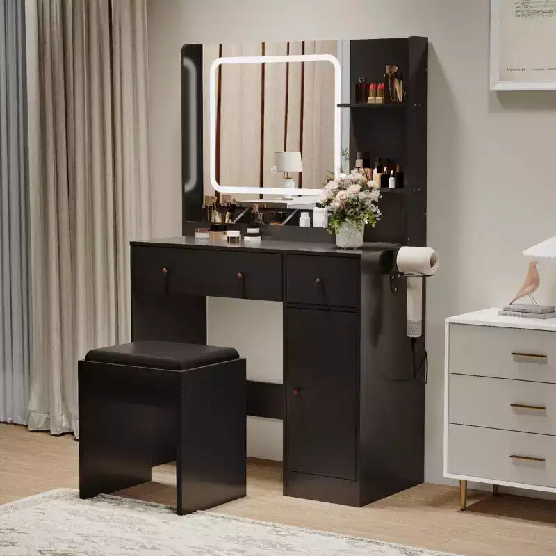Coiffeuse avec miroir lumineux LED et prise de courant, table de maquillage avec tiroirs de rangement, tabouret, table de chevet noire pour femmes et filles