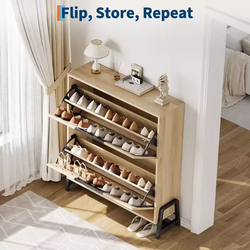Meuble à chaussures avec 2 tiroirs abattants, organisateur de chaussures autoportant, meuble à chaussures étroit pour entrée, foyer, couloir, salon
