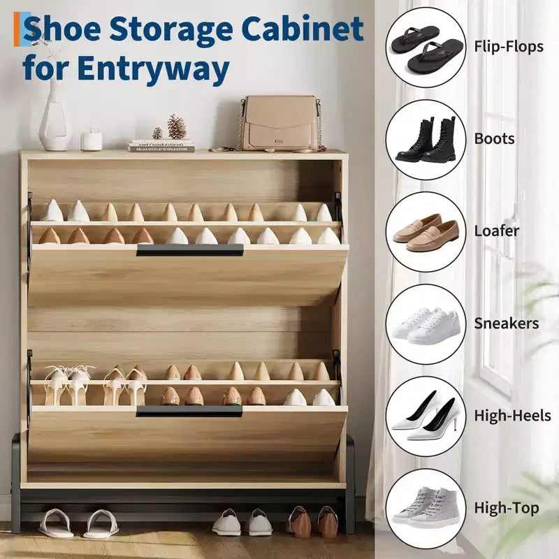 Meuble à chaussures avec 2 tiroirs abattants, organisateur de chaussures autoportant, meuble à chaussures étroit pour entrée, foyer, couloir, salon