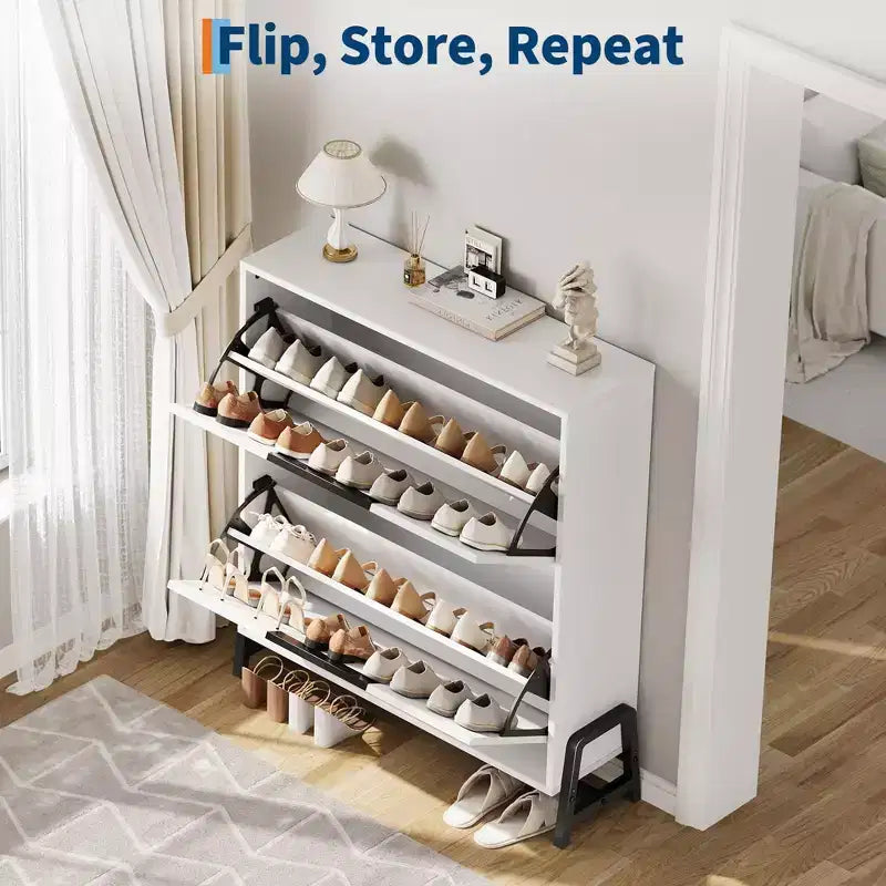 Meuble à chaussures avec 2 tiroirs abattants, organisateur de chaussures autoportant, meuble à chaussures étroit pour entrée, foyer, couloir, salon