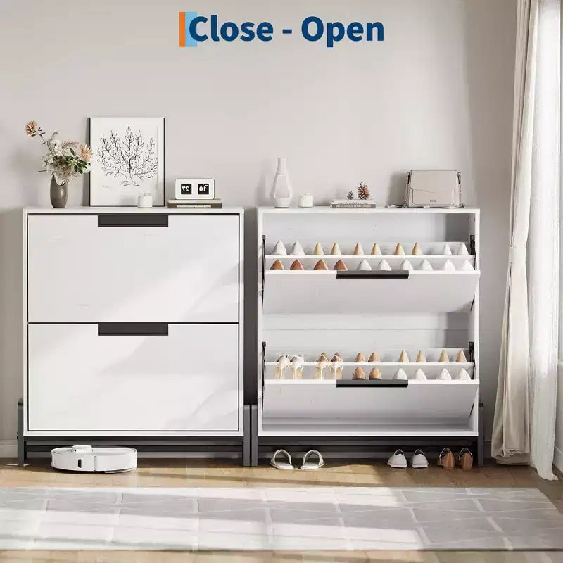 Meuble à chaussures avec 2 tiroirs abattants, organisateur de chaussures autoportant, meuble à chaussures étroit pour entrée, foyer, couloir, salon