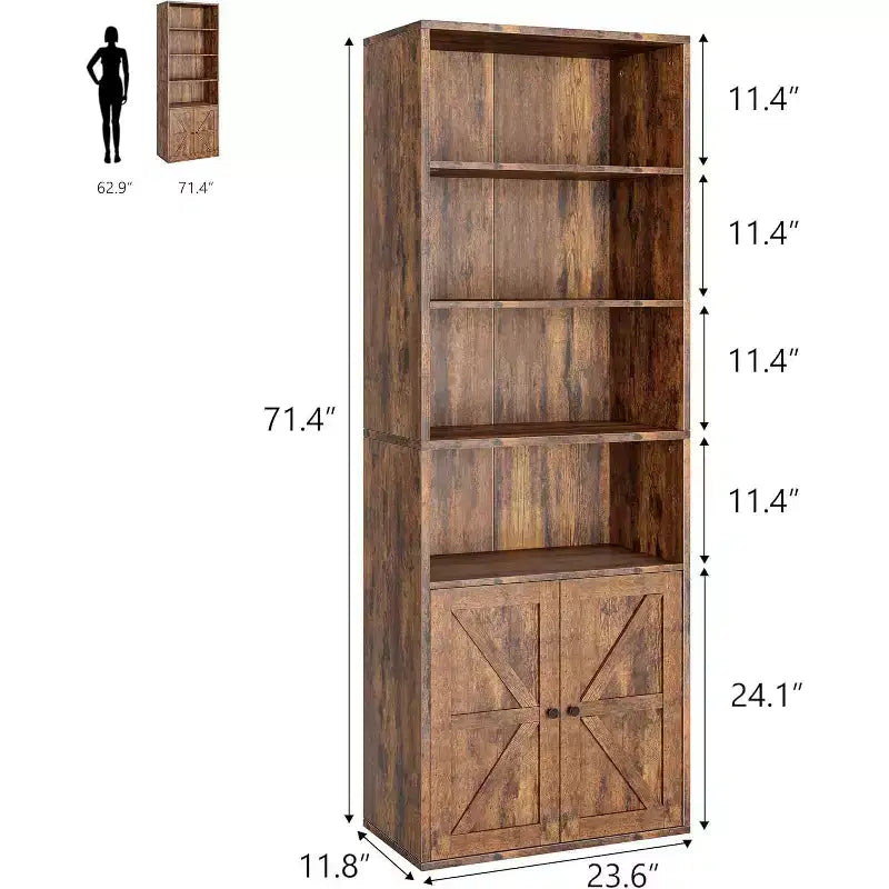 Étagère de bibliothèque de 181,4 cm de haut de style ferme avec portes, étagères de rangement de 30 cm de profondeur, bibliothèques industrielles, étagères en bois à 6 niveaux pour la maison et le bureau