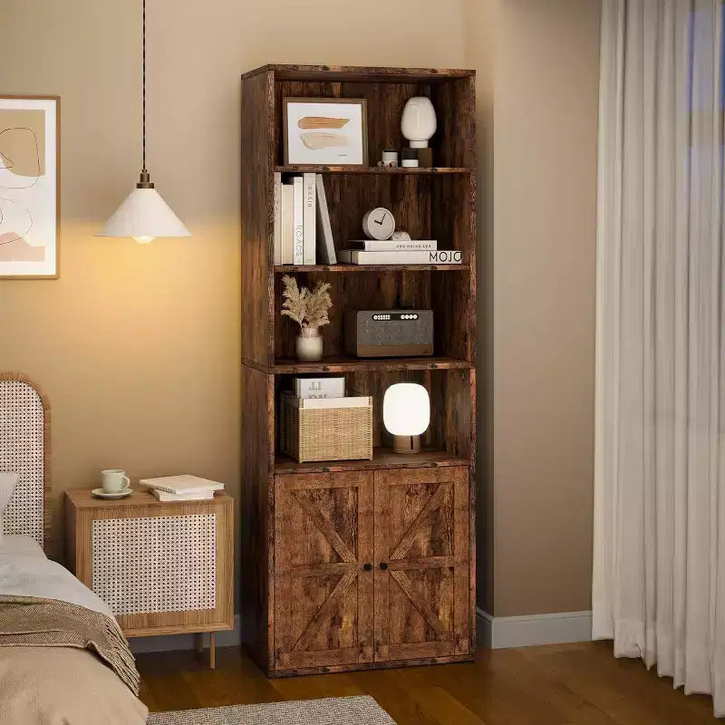 Étagère de bibliothèque de 181,4 cm de haut de style ferme avec portes, étagères de rangement de 30 cm de profondeur, bibliothèques industrielles, étagères en bois à 6 niveaux pour la maison et le bureau