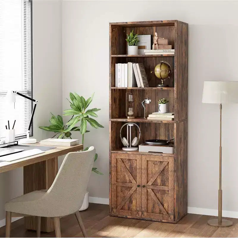 Étagère de bibliothèque de 181,4 cm de haut de style ferme avec portes, étagères de rangement de 30 cm de profondeur, bibliothèques industrielles, étagères en bois à 6 niveaux pour la maison et le bureau