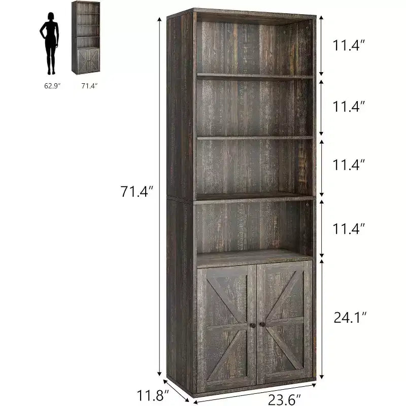 Étagère de bibliothèque de 181,4 cm de haut de style ferme avec portes, étagères de rangement de 30 cm de profondeur, bibliothèques industrielles, étagères en bois à 6 niveaux pour la maison et le bureau