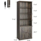 Étagère de bibliothèque de 181,4 cm de haut de style ferme avec portes, étagères de rangement de 30 cm de profondeur, bibliothèques industrielles, étagères en bois à 6 niveaux pour la maison et le bureau