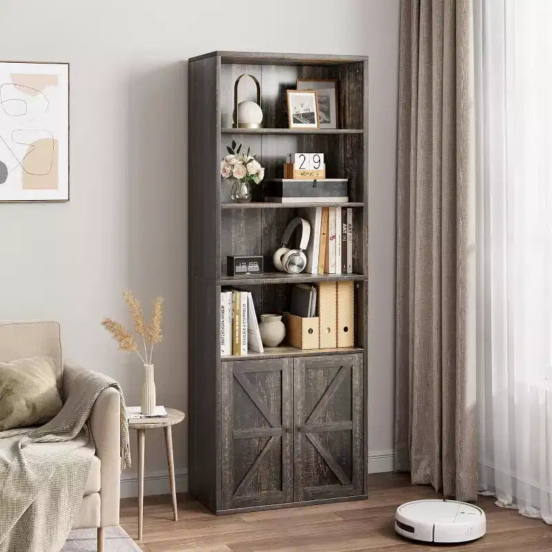 Étagère de bibliothèque de 181,4 cm de haut de style ferme avec portes, étagères de rangement de 30 cm de profondeur, bibliothèques industrielles, étagères en bois à 6 niveaux pour la maison et le bureau