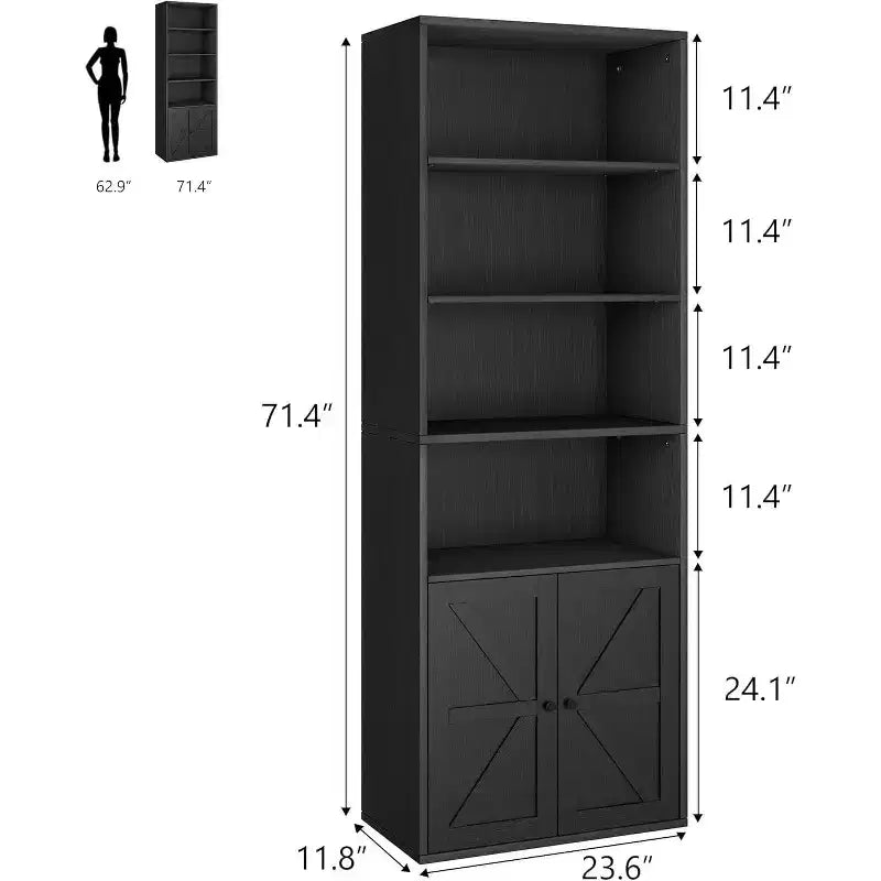 Étagère de bibliothèque de 181,4 cm de haut de style ferme avec portes, étagères de rangement de 30 cm de profondeur, bibliothèques industrielles, étagères en bois à 6 niveaux pour la maison et le bureau