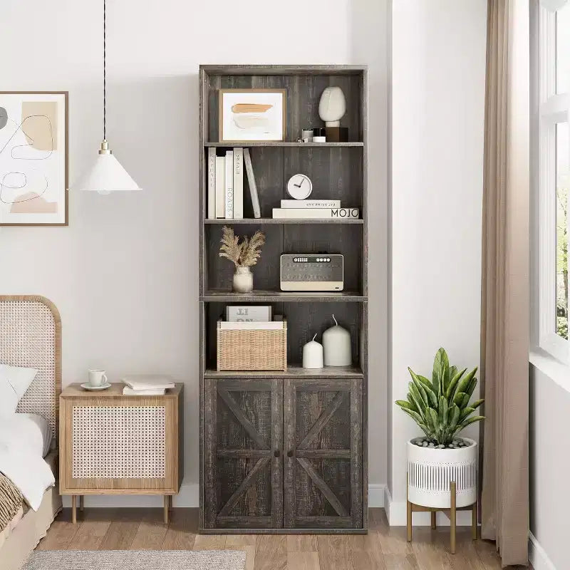 Étagère de bibliothèque de 181,4 cm de haut de style ferme avec portes, étagères de rangement de 30 cm de profondeur, bibliothèques industrielles, étagères en bois à 6 niveaux pour la maison et le bureau