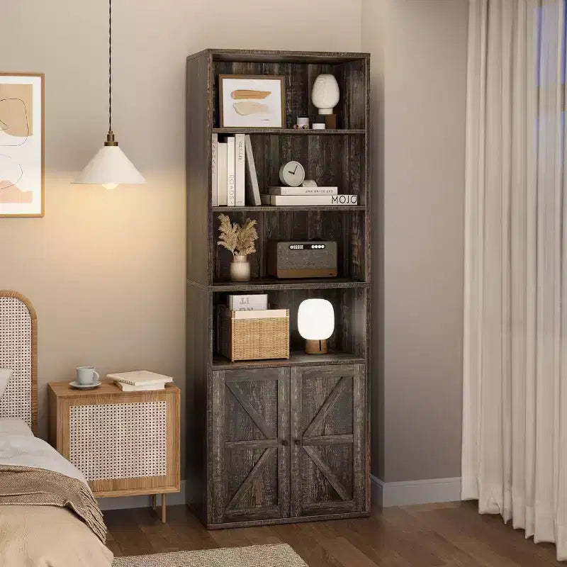 Étagère de bibliothèque de 181,4 cm de haut de style ferme avec portes, étagères de rangement de 30 cm de profondeur, bibliothèques industrielles, étagères en bois à 6 niveaux pour la maison et le bureau