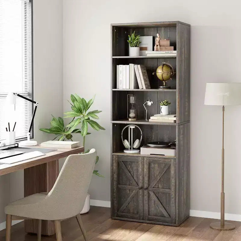 Étagère de bibliothèque de 181,4 cm de haut de style ferme avec portes, étagères de rangement de 30 cm de profondeur, bibliothèques industrielles, étagères en bois à 6 niveaux pour la maison et le bureau