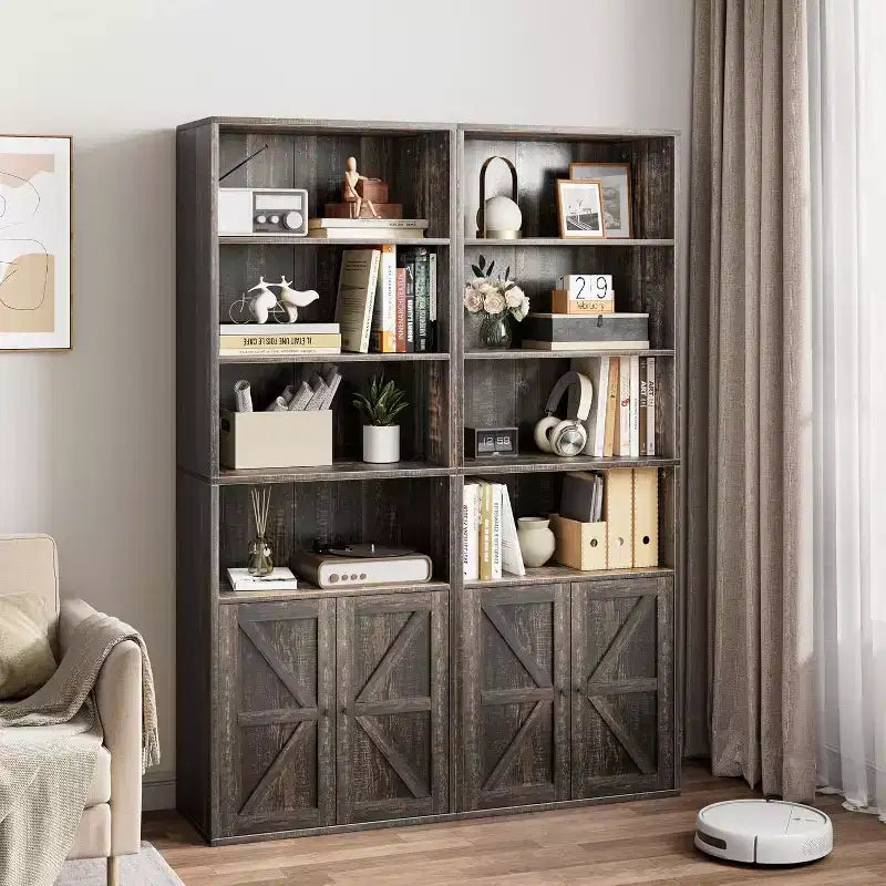 Étagère de bibliothèque de 181,4 cm de haut de style ferme avec portes, étagères de rangement de 30 cm de profondeur, bibliothèques industrielles, étagères en bois à 6 niveaux pour la maison et le bureau