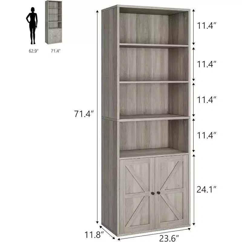 Étagère de bibliothèque de 181,4 cm de haut de style ferme avec portes, étagères de rangement de 30 cm de profondeur, bibliothèques industrielles, étagères en bois à 6 niveaux pour la maison et le bureau