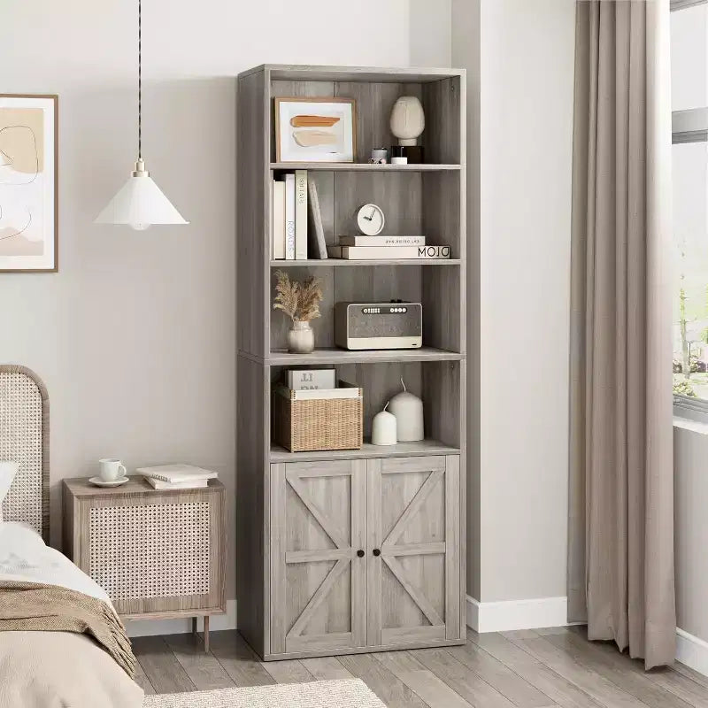 Étagère de bibliothèque de 181,4 cm de haut de style ferme avec portes, étagères de rangement de 30 cm de profondeur, bibliothèques industrielles, étagères en bois à 6 niveaux pour la maison et le bureau