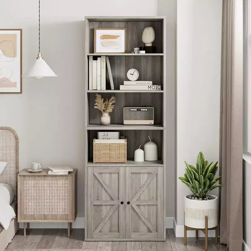 Étagère de bibliothèque de 181,4 cm de haut de style ferme avec portes, étagères de rangement de 30 cm de profondeur, bibliothèques industrielles, étagères en bois à 6 niveaux pour la maison et le bureau
