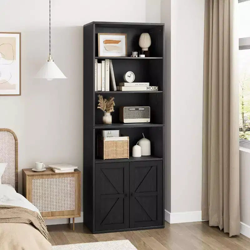 Étagère de bibliothèque de 181,4 cm de haut de style ferme avec portes, étagères de rangement de 30 cm de profondeur, bibliothèques industrielles, étagères en bois à 6 niveaux pour la maison et le bureau