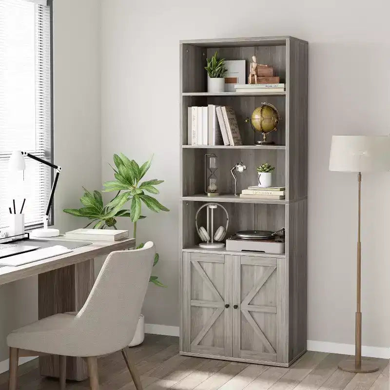 Étagère de bibliothèque de 181,4 cm de haut de style ferme avec portes, étagères de rangement de 30 cm de profondeur, bibliothèques industrielles, étagères en bois à 6 niveaux pour la maison et le bureau